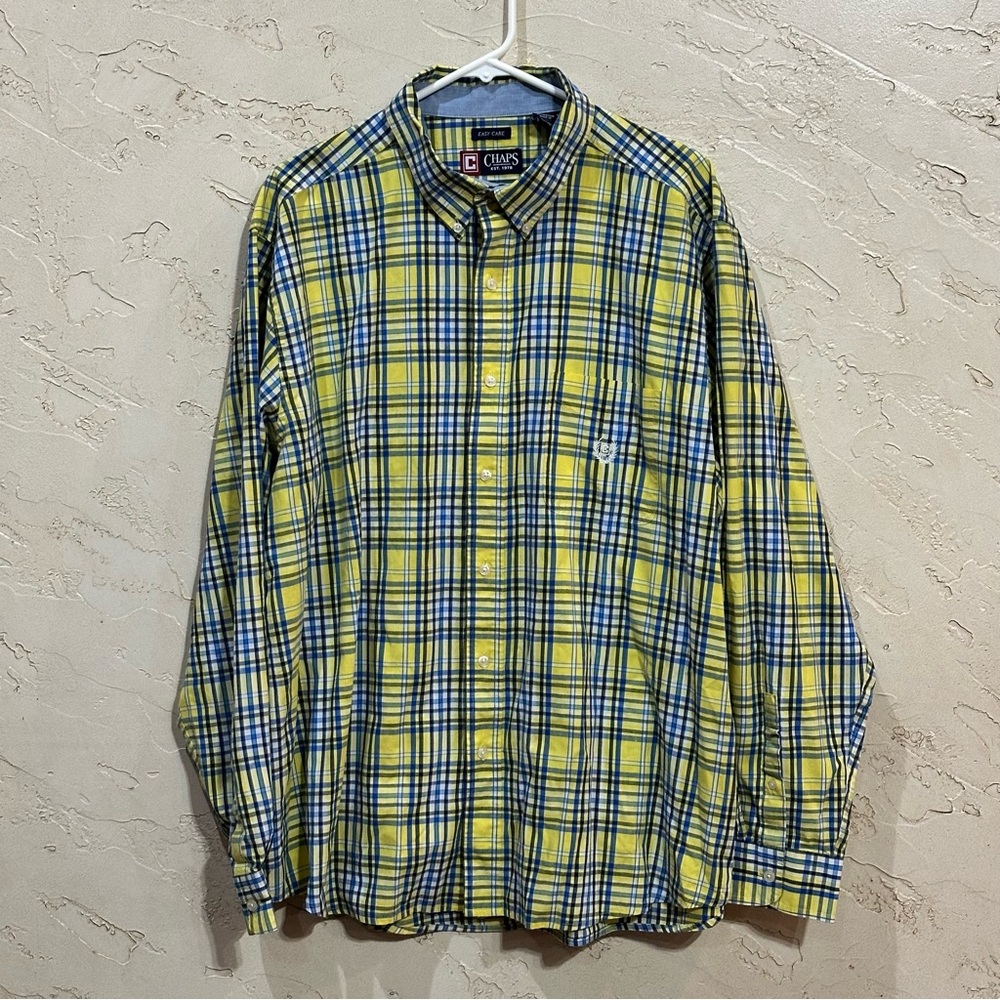Chaps Men's Long Sleeve Plaid Button Down Shirt in Yellow and Blue size XXL